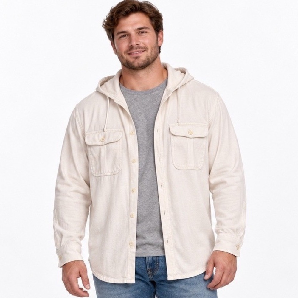 American Eagle Super Soft Hooded Shirt Mens XXL Cream Button Down Cotton